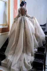 A-line High Collar Long Sleeves Long Train Backless Beaded Wedding Dress-Ballbella