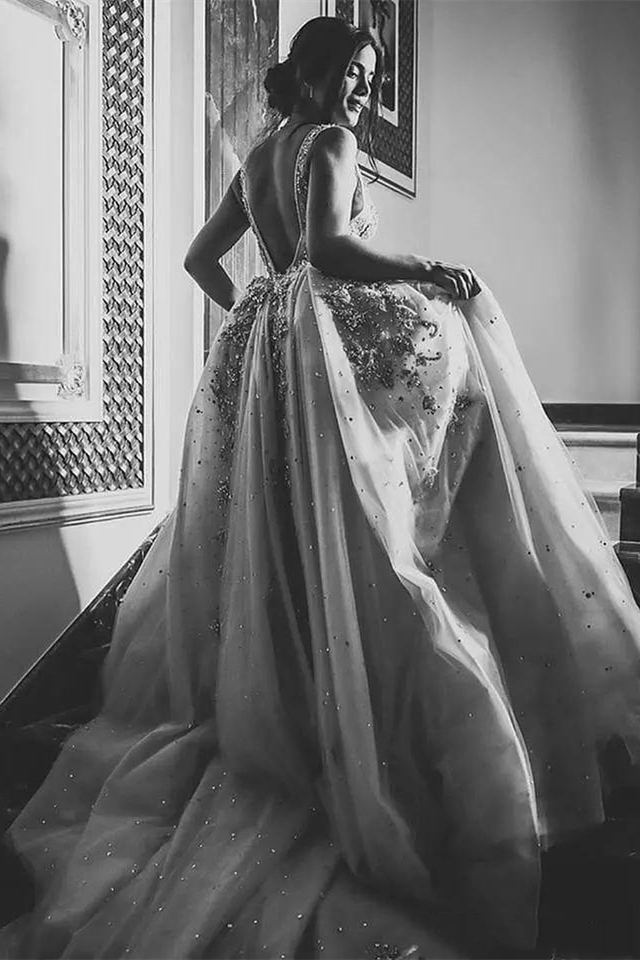A-line High Collar Long Sleeves Long Train Backless Beaded Wedding Dress-Ballbella