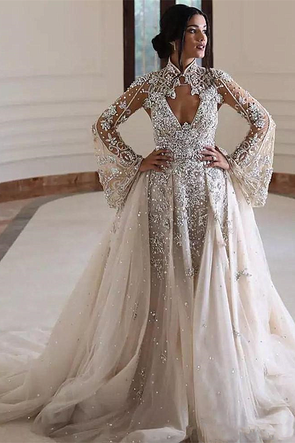 A-line High Collar Long Sleeves Long Train Backless Beaded Wedding Dress-Ballbella