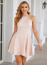 A-Line High Neck Sleeveless Satin Short/Mini Homecoming Dress With Pleated-Ballbella