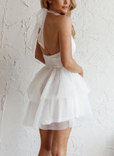 A-Line High Neck Sleeveless Short/Mini Tulle Homecoming Dresses With Ruffle-Ballbella