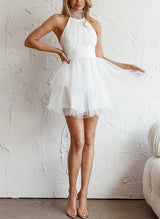 A-Line High Neck Sleeveless Short/Mini Tulle Homecoming Dresses With Ruffle-Ballbella