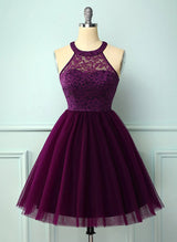 A-Line High Neck Sleeveless Tulle Lace Knee-length Homecoming Dress With Lace Pleated-Ballbella