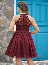 A-Line High Neck Sleeveless Tulle Lace Knee-length Homecoming Dress With Lace Pleated-Ballbella