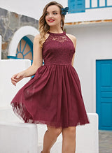 A-Line High Neck Sleeveless Tulle Lace Knee-length Homecoming Dress With Lace Pleated-Ballbella