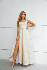 A-line High Split Square Lace Ankle Length Sleeveless Backless Prom Dress-Ballbella