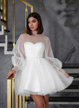 A-Line Illusion Neck Long Sleeves Short/Mini Tulle Homecoming Dresses-Ballbella
