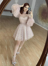 A-Line Illusion Neck Sleeveless Short/Mini Lace Homecoming Dresses-Ballbella