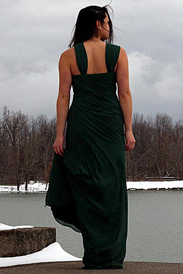 A-line Irregular Shoulder Strap Floor Length Chiffon Evening Dress-Ballbella