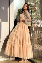 A-line Jewel Ankle Length Multiple Layers Long Sleeve Sequined Prom Dress-Ballbella