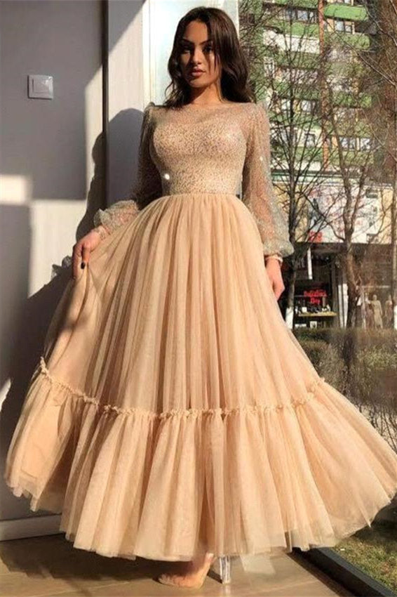 A-line Jewel Ankle Length Multiple Layers Long Sleeve Sequined Prom Dress-Ballbella