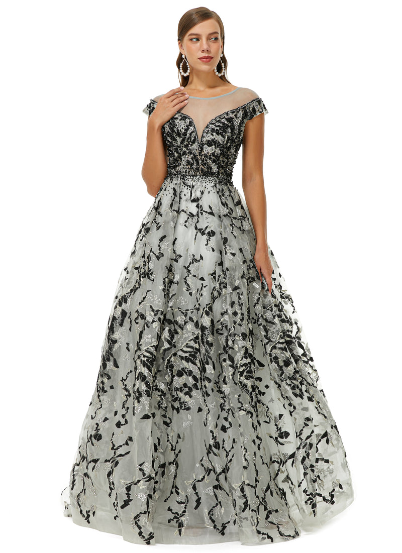 A-line Jewel Beaded Floor-length cap sleeve Sequined Prom Dress-Ballbella