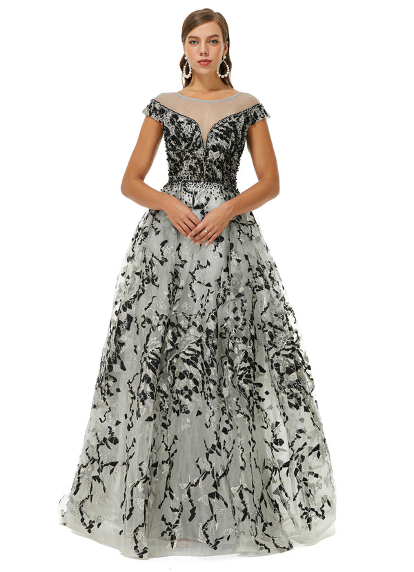 A-line Jewel Beaded Floor-length cap sleeve Sequined Prom Dress-Ballbella