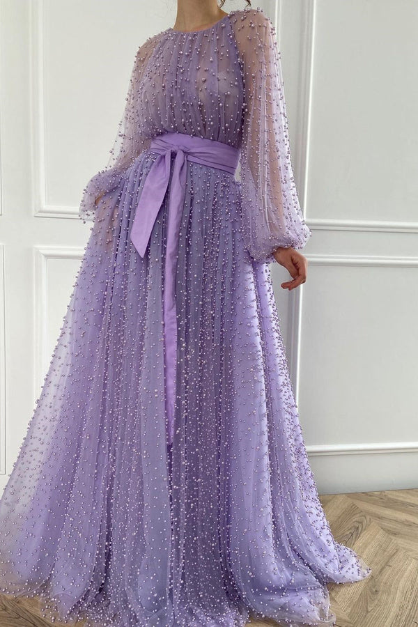 A-line Jewel Beaded Tulle Floor-length Long Sleeve Classy Prom Dress-Ballbella