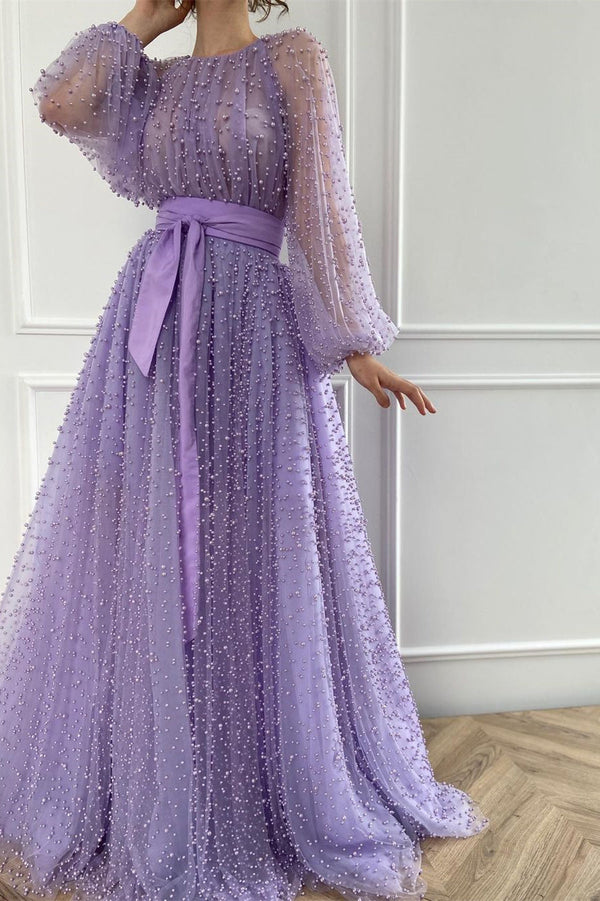 A-line Jewel Beaded Tulle Floor-length Long Sleeve Classy Prom Dress-Ballbella