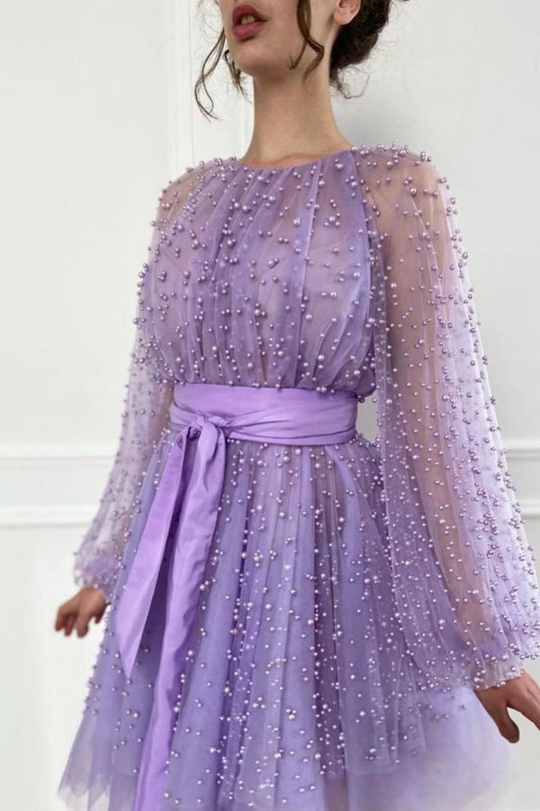 A-line Jewel Beaded Tulle Tea-length Long Sleeve Classy Homecoming Dress-Ballbella