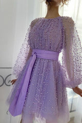 A-line Jewel Beaded Tulle Tea-length Long Sleeve Classy Homecoming Dress-Ballbella