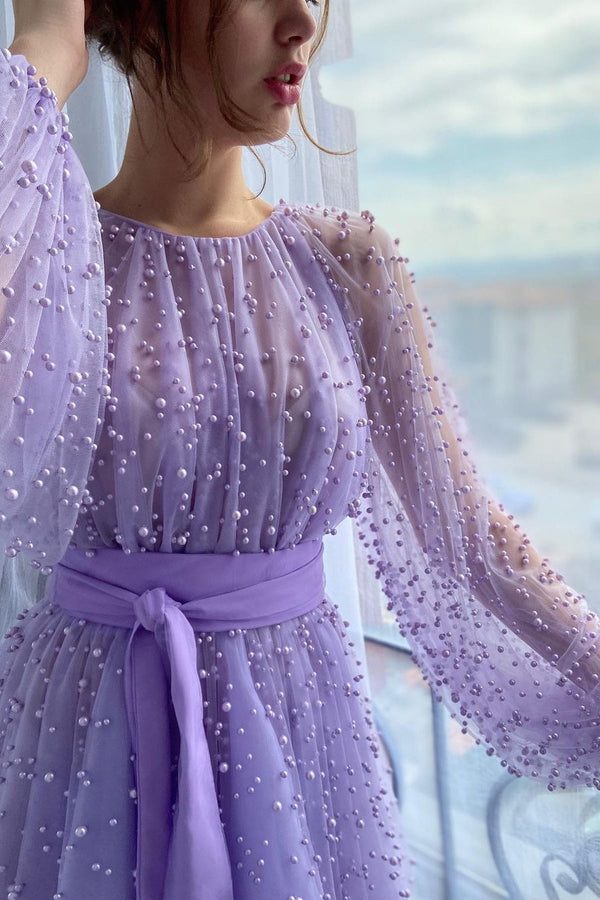 A-line Jewel Beaded Tulle Tea-length Long Sleeve Classy Homecoming Dress-Ballbella