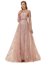 A-line Jewel Floor-length Long Sleeve Appliques Lace Sequined Prom Dress-Ballbella