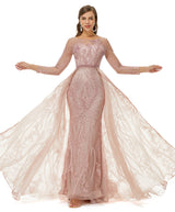 A-line Jewel Floor-length Long Sleeve Appliques Lace Sequined Prom Dress-Ballbella