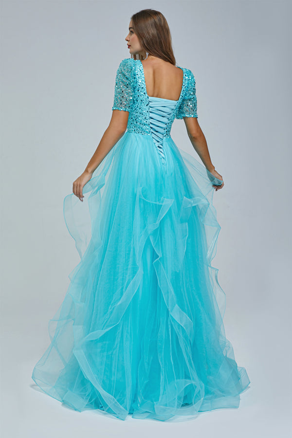 A-line Jewel half sleeves Floor-length Backless Beaded Tulle Beautiful Prom Dress-Ballbella