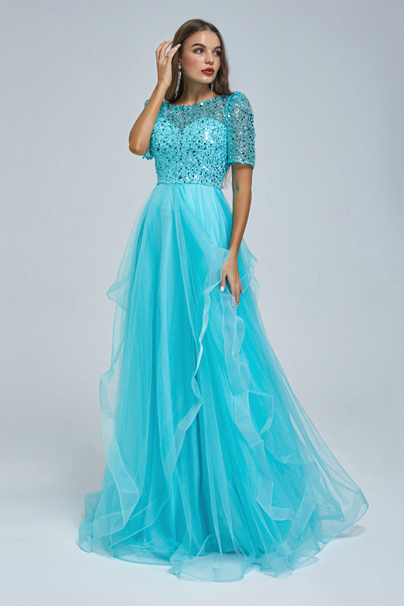 A-line Jewel half sleeves Floor-length Backless Beaded Tulle Beautiful Prom Dress-Ballbella