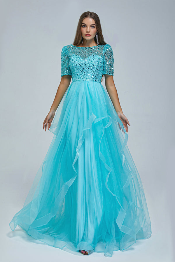 A-line Jewel half sleeves Floor-length Backless Beaded Tulle Beautiful Prom Dress A-line Jewel half sleeves Floor-length Backless Beaded Tulle Beautiful Prom Dress