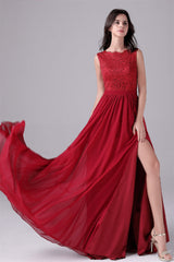 A-Line Jewel Lace Floor Length Sleeveless Backless High slit mother's dress-Ballbella