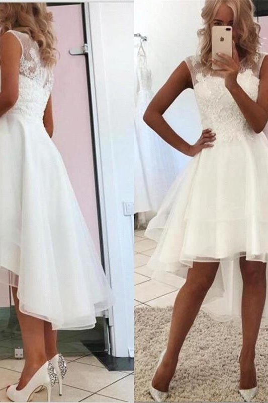 A-Line Jewel Lace Knee Length Sleeveless Applique Wedding Dress-Ballbella