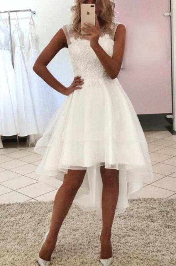 A-Line Jewel Lace Knee Length Sleeveless Applique Wedding Dress-Ballbella