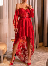 A-Line Off-The-Shoulder 3/4 Sleeves Asymmetrical Lace Homecoming Dresses-Ballbella