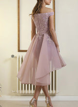 A-Line Off-The-Shoulder Satin/Tulle Homecoming Dresses With Cascading Ruffles-Ballbella