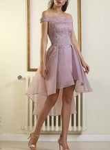 A-Line Off-The-Shoulder Satin/Tulle Homecoming Dresses With Cascading Ruffles-Ballbella