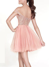 A-Line Off-The-Shoulder Short/Mini Tulle Homecoming Dresses With Appliques Lace-Ballbella