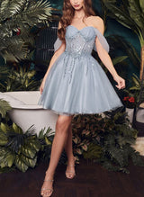 A-Line Off-The-Shoulder Short/Mini Tulle Homecoming Dresses With Rhinestone-Ballbella