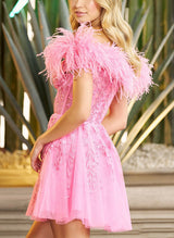 A-Line Off-The-Shoulder Sleeveless Short/Mini Lace Homecoming Dresses-Ballbella