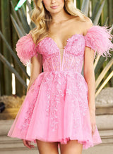 A-Line Off-The-Shoulder Sleeveless Short/Mini Lace Homecoming Dresses-Ballbella