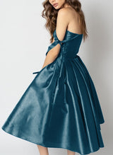 A-Line Off-The-Shoulder Sleeveless Tea-Length Satin Homecoming Dresses-Ballbella