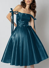 A-Line Off-The-Shoulder Sleeveless Tea-Length Satin Homecoming Dresses-Ballbella