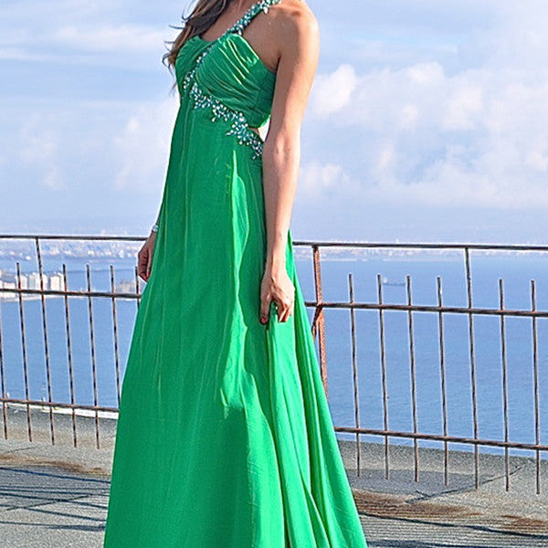 A-line One-shoulder Floor Length Chiffon Applique Backless Evening Dress