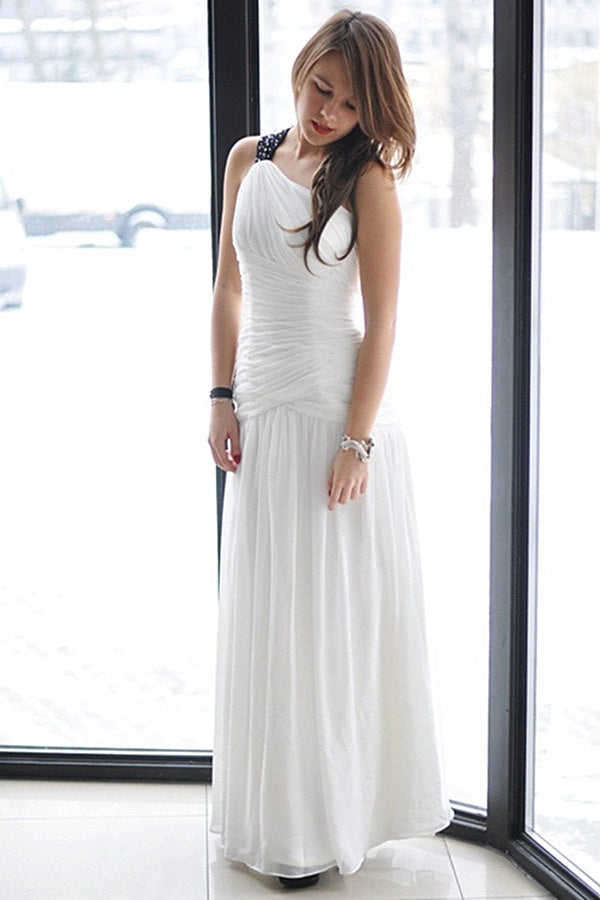 A-line One-shoulder Floor Length Chiffon Backless Wedding Dress-Ballbella
