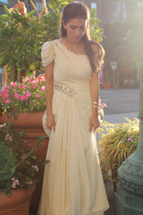 A-line One-shoulder Floor Length Chiffon Beaded Short Sleeve Prom Dress-Ballbella