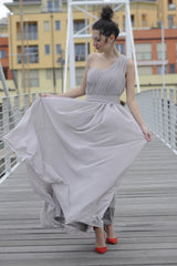 A-line One-shoulder Floor Length Chiffon Evening Dress-Ballbella