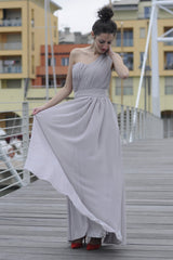 A-line One-shoulder Floor Length Chiffon Evening Dress-Ballbella