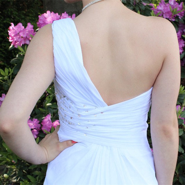 A-line One-shoulder Floor Length Chiffon Front Slit Rhinestone Prom Dress-Ballbella