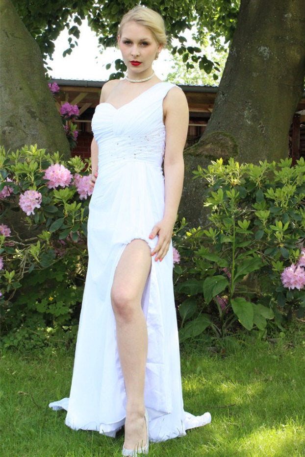 A-line One-shoulder Floor Length Chiffon Front Slit Rhinestone Prom Dress-Ballbella