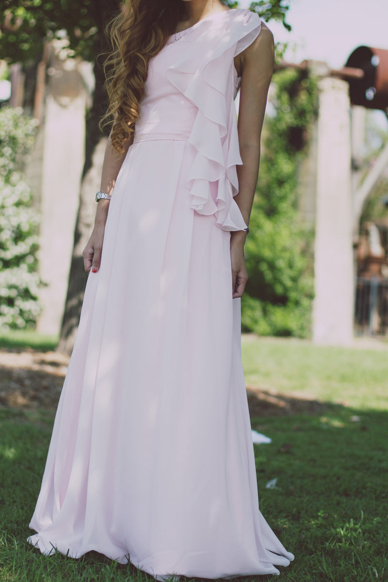 A-line One-shoulder Floor Length Chiffon Hanging Ribbon Prom Dress-Ballbella