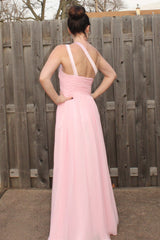 A-line One-shoulder Floor Length Chiffon Paillette Backless Prom Dress-Ballbella