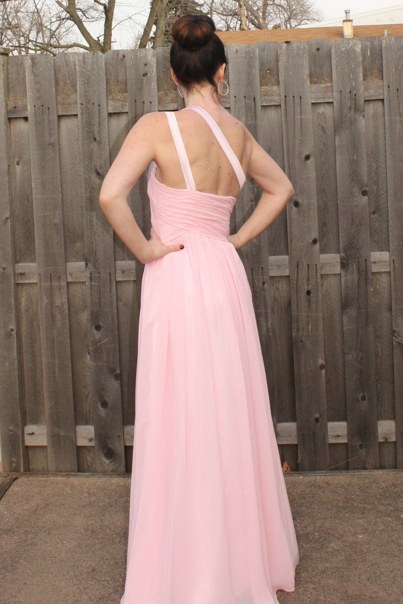 A-line One-shoulder Floor Length Chiffon Paillette Backless Prom Dress-Ballbella