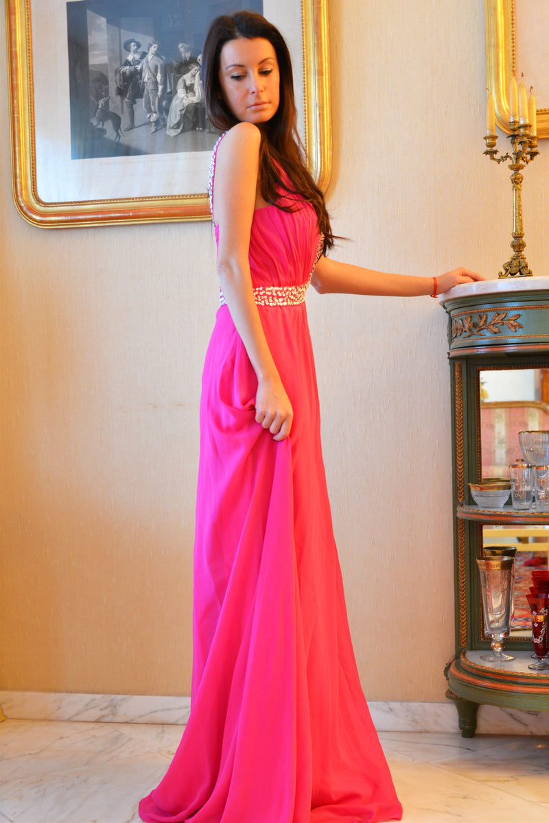 A-line One-shoulder Floor Length Chiffon Rhinestone Prom Dress-Ballbella